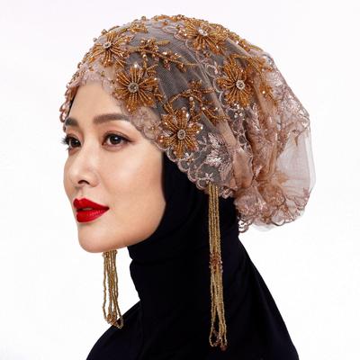 【高端精品款】重工串珠刺绣蕾丝回民纯手工串珠流苏包头帽透气