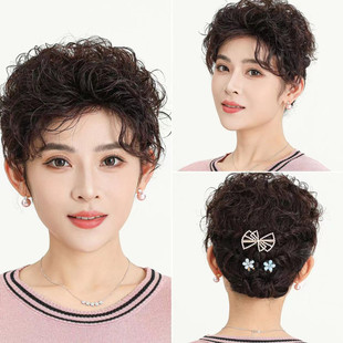 中老年盘发假发真发发套时尚短卷发旗袍全真人发喜婆婆婚礼假发套