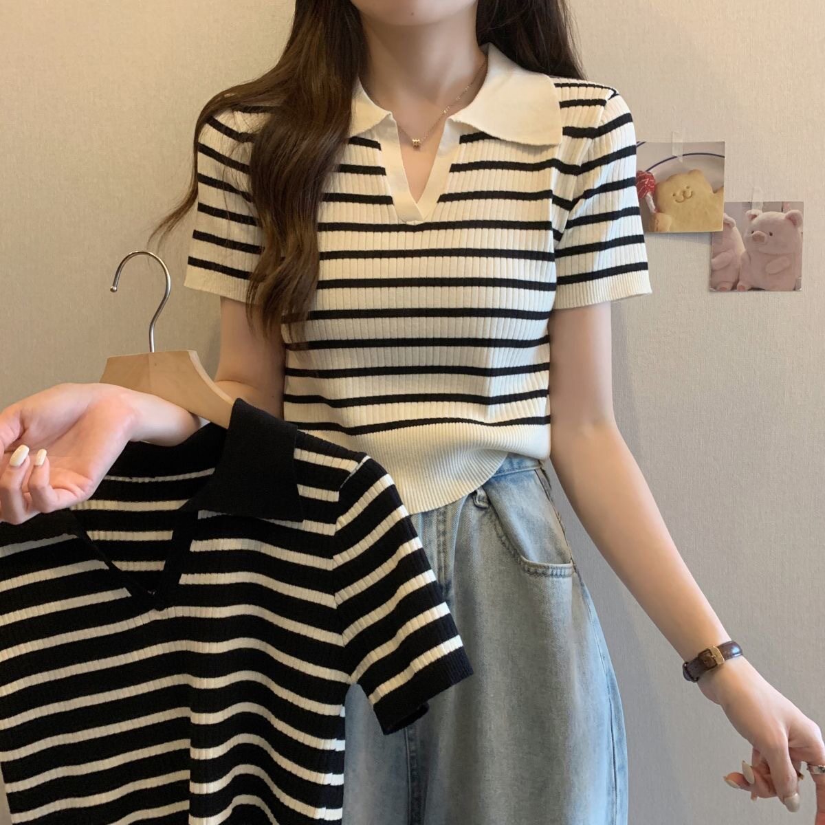 POLO领条纹冰丝针织短袖女夏季薄款显瘦百搭V领正肩t恤简约上衣