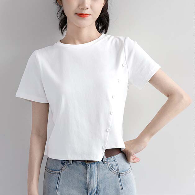 2024夏季新款白色短款设计感上衣女简约百搭学生白短袖T恤韩版潮
