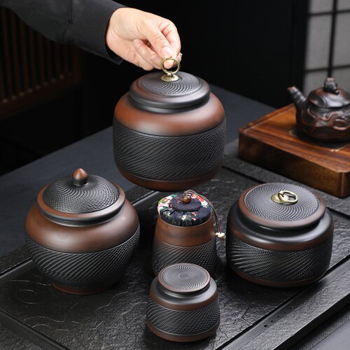 紫陶跳刀茶叶罐密封罐陶瓷紫砂大中小号醒茶罐普洱储存罐防潮简约