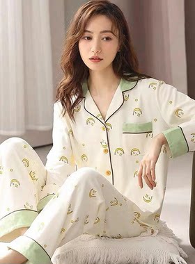 睡衣女春秋纯棉100 家居服长袖长裤开衫可外穿中年青年大码5XL