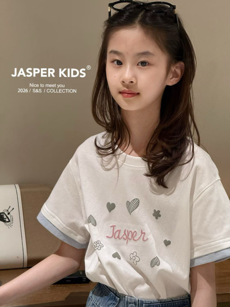现货波拉韩Jasper品牌童装2026夏女童爱心百搭圆领儿童半袖上衣