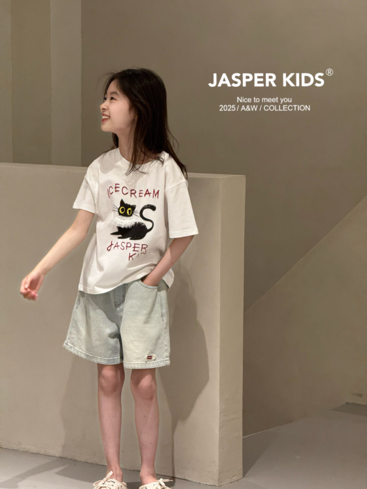 Jasper kids韩版2025夏款女童卡通刺绣短袖T恤中大童百搭白T