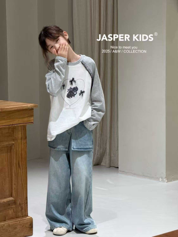 Jasper品牌童装2025新款秋款儿童女童蝴蝶结拼袖长袖T恤打底衫