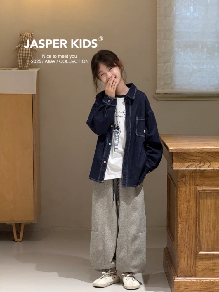 Jasper品牌韩版2025新款秋款儿童女童刺绣彩色口子牛仔衬衫外套