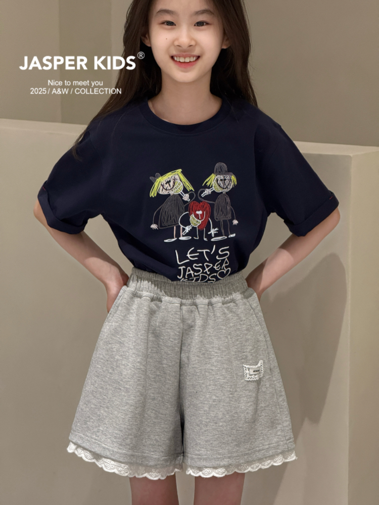 Jasper kids韩版2025夏款女童手绘涂鸦立体绣花短袖T中大童百搭T