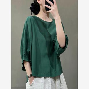 T恤衫 女復(fù)古寬松顯瘦圓領(lǐng)銅氨絲上衣薄 氣質(zhì)純色蝙蝠袖 花概念夏季