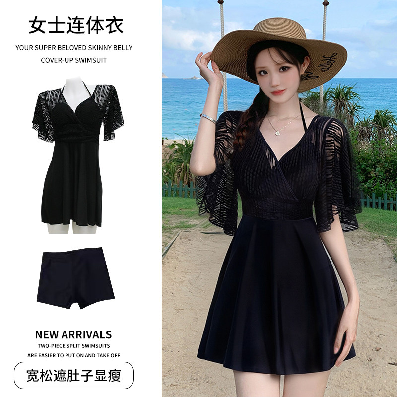 泡温泉泳衣女大码胖MM宽松黑色遮肉显瘦连体两件套保守度假泳装