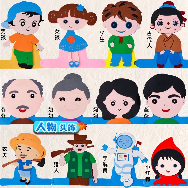 儿童人物爸妈头饰道具小姑娘头套小男孩子卡通帽子幼儿园故事装扮