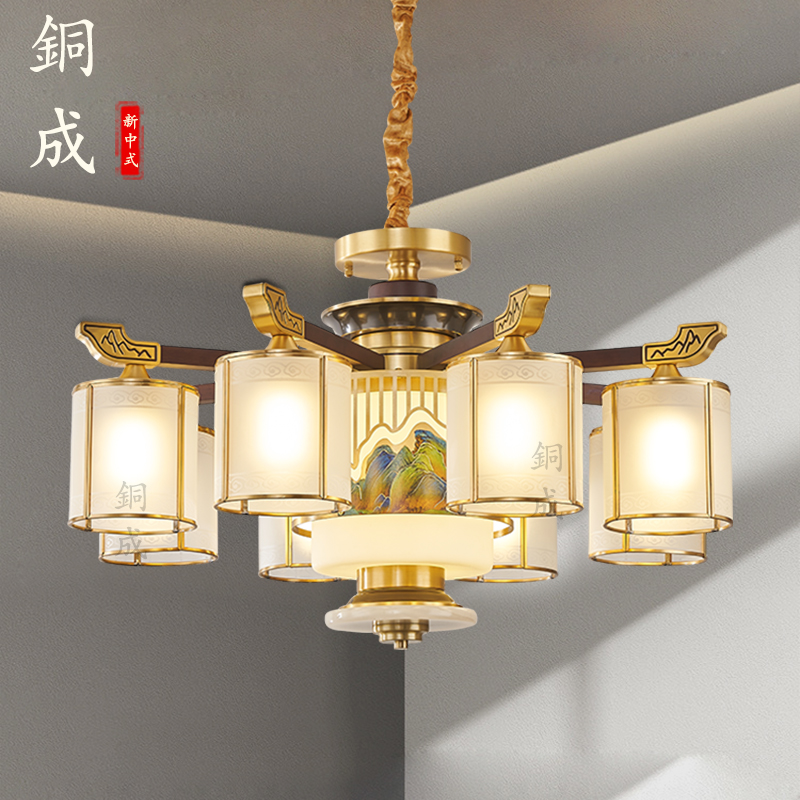新中式全铜客厅吊灯实木复古大厅主灯禅意餐厅茶室别墅灯广东中山