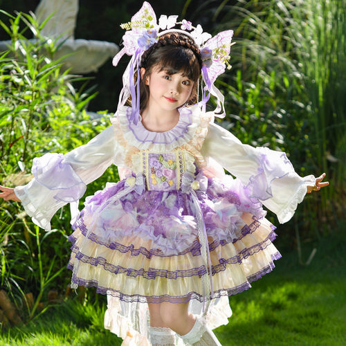 紫蝶蜜语女童洛丽塔公主裙紫色蓬蓬裙生日宴花童礼服连衣裙可爱宝