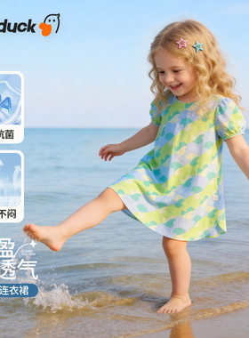 可可鸭女童短袖连衣裙夏季新款甜美风女孩海滩穿搭卡通裙子女宝宝