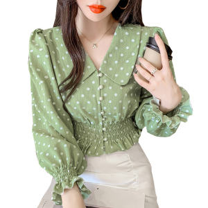 RY1449#长袖新款法式气质淑女风V领波点衬衫百搭收腰显瘦上衣女