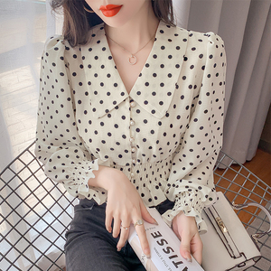 RY1449#长袖新款法式气质淑女风V领波点衬衫百搭收腰显瘦上衣女