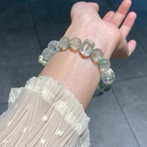 天然海蓝宝绿萤石绿阿塞灰月光石银曜石白幽灵紫阿塞手链招财