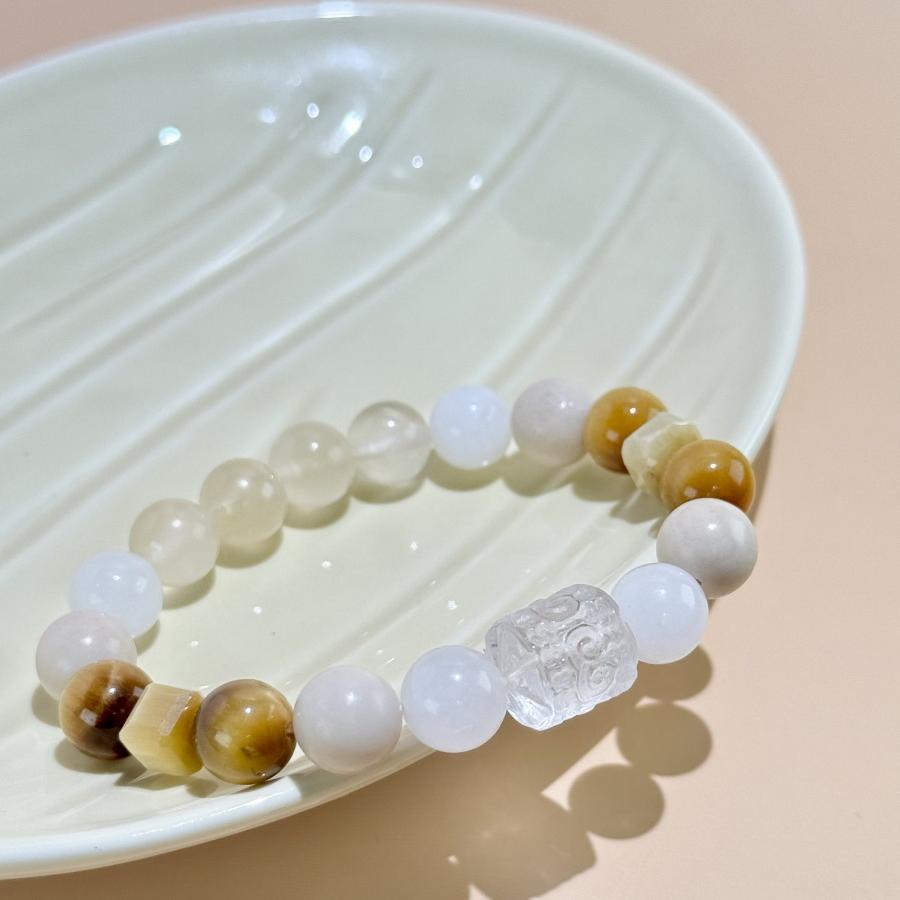 灿纯纹 天然白水晶转运珠手串黄龙玉白玉虎眼石新中式国风五福匀