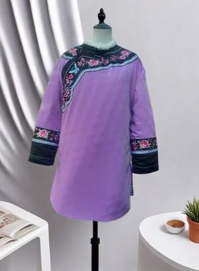 民族风刺绣上衣女紫色长袖传统土家族苗族服装加棉