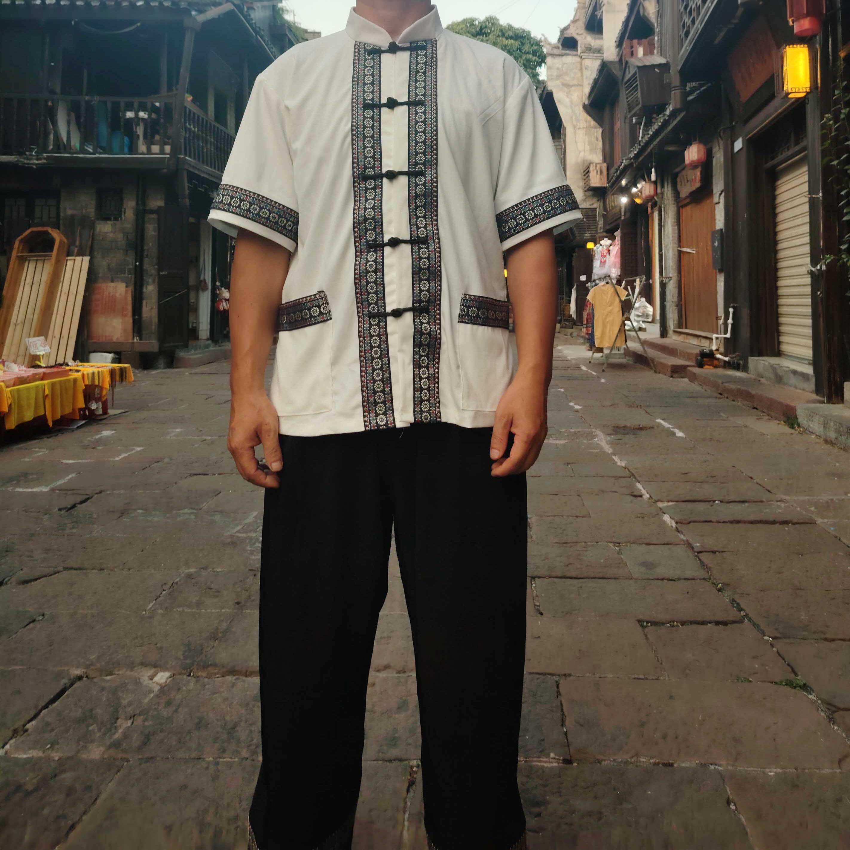 云南大理白族服装男短袖套装纯棉