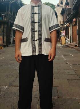 云南大理白族服装男短袖套装纯棉