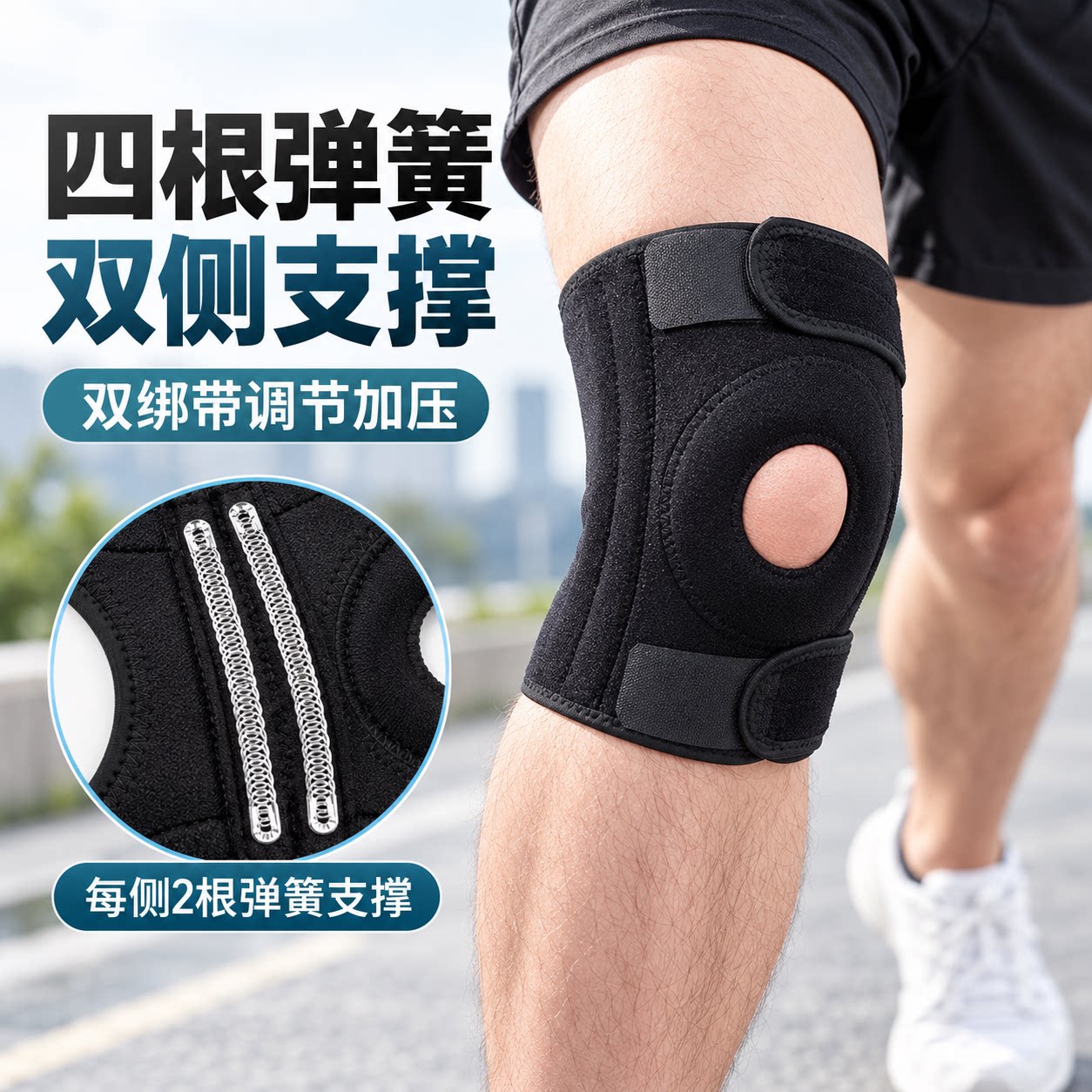 运动护膝四根弹簧支撑双绑带加压