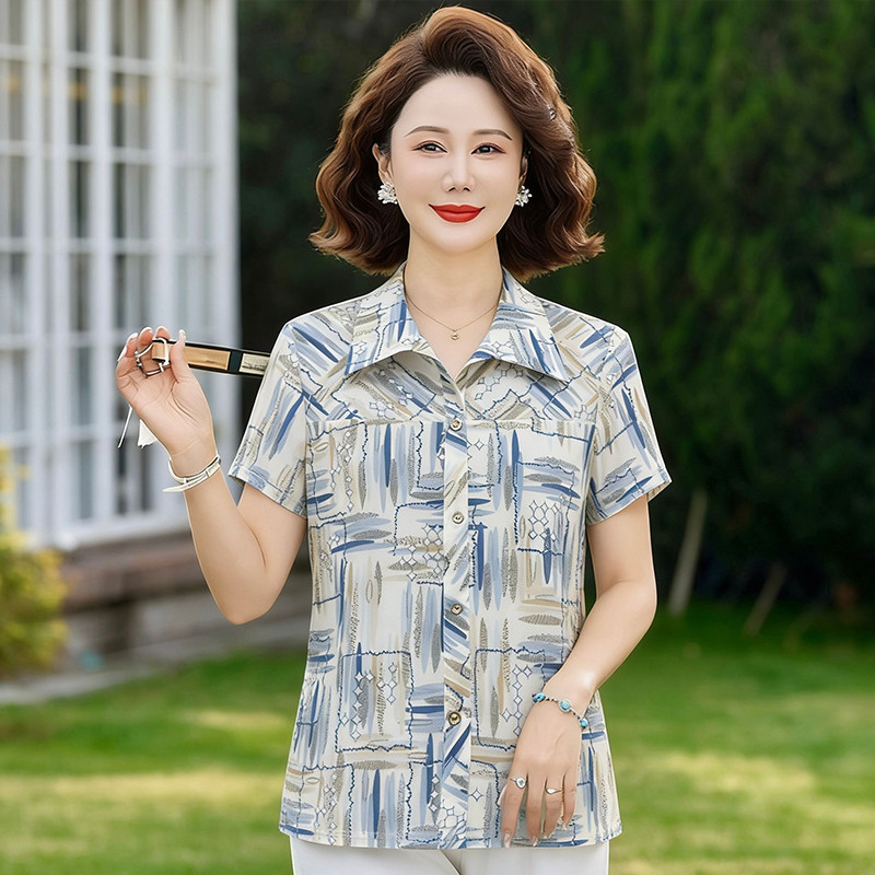新款夏装中老年女装宽松套头衬衫妈妈装翻领短袖洋气薄款大码上衣