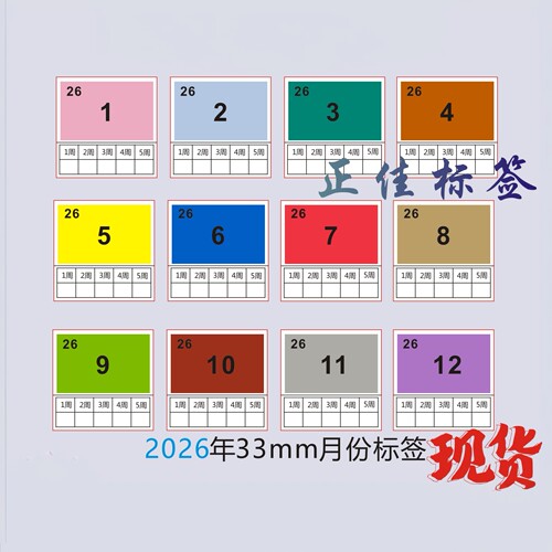 现货2026年月份标签33mm先进先出贴纸彩色1-12月方形定制款1-5周