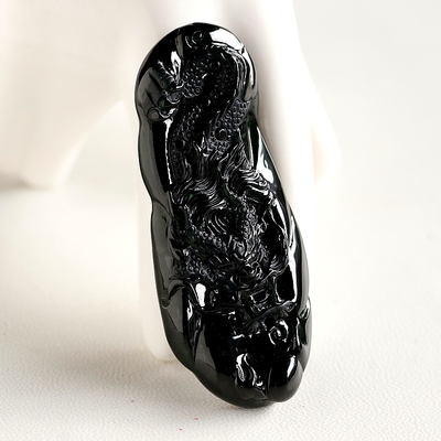 石之富珠宝缅甸天然翡翠A货冰种墨翠龙行天下吊坠12.18克