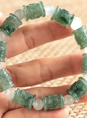 石之富珠宝缅甸天然翡翠A货浅绿冰种手链六字真言路路通47.00克