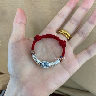 足银999实心盘缠转运珠红绳手链女宝宝小银坨胖福手绳满月周岁礼