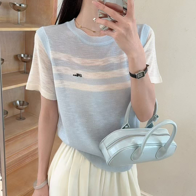撞色拼接短袖宽松针织衫T恤薄款