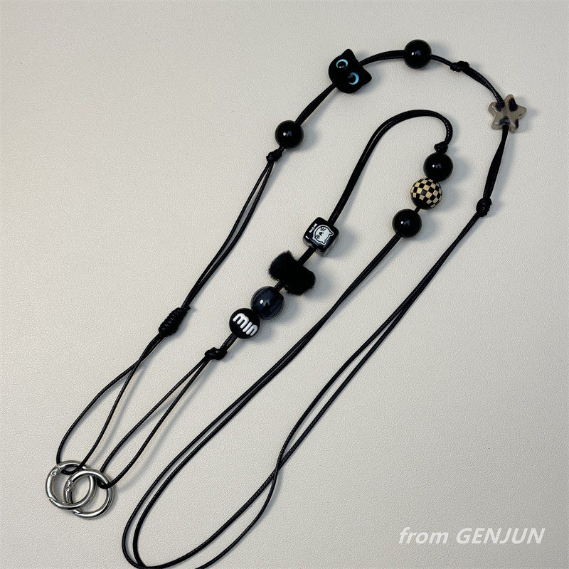 黑色皮绳蓝眼睛猫咪油蜡串珠链斜挎挂绳零钱包扩音器挂饰百搭