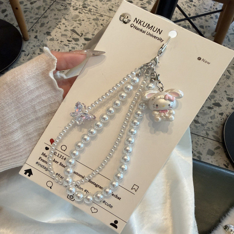 ins风闪钻蝴蝶结白珍珠串珠链可爱兔兔kitty挂绳挂件ccd挂链