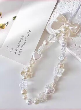 甜美少女白色蝴蝶结配饰相机手机链条ccd挂绳ins串珠挂件