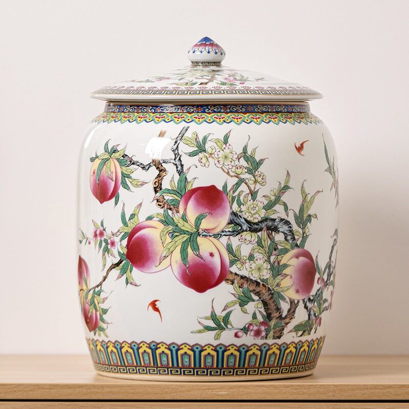 景德镇陶瓷米缸家用带盖密封易拿放防虫防潮25斤装寿桃款面缸米桶