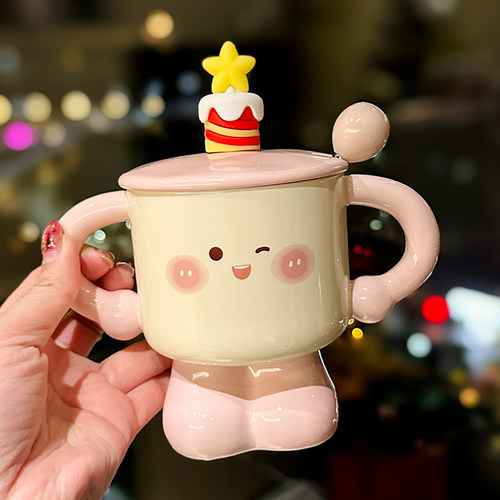 送女生闺蜜生日礼物水杯带盖勺可爱蛋糕造型陶瓷杯子高颜值马克杯