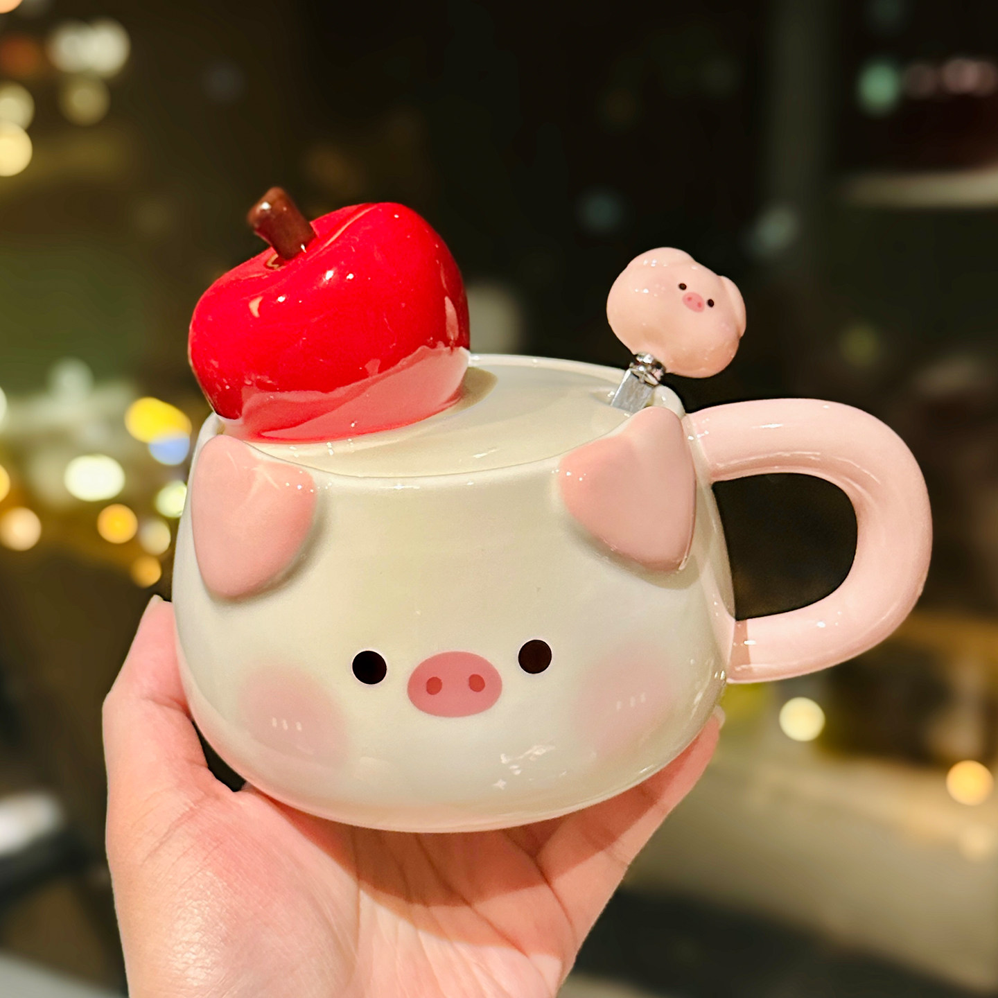 可爱苹果小猪造型马克杯带盖陶瓷水杯治愈系创意生日礼物卡通杯子