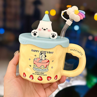 高颜值猪猪水杯带盖少女心生日礼物陶瓷马克杯闺蜜可爱奶油蛋糕杯