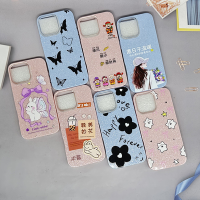 适用于苹果16E 15promax 14 13 iPhone12 11网红少女果冻闪粉彩绘小清新卡通液态亲肤感imd手机壳保护套批发