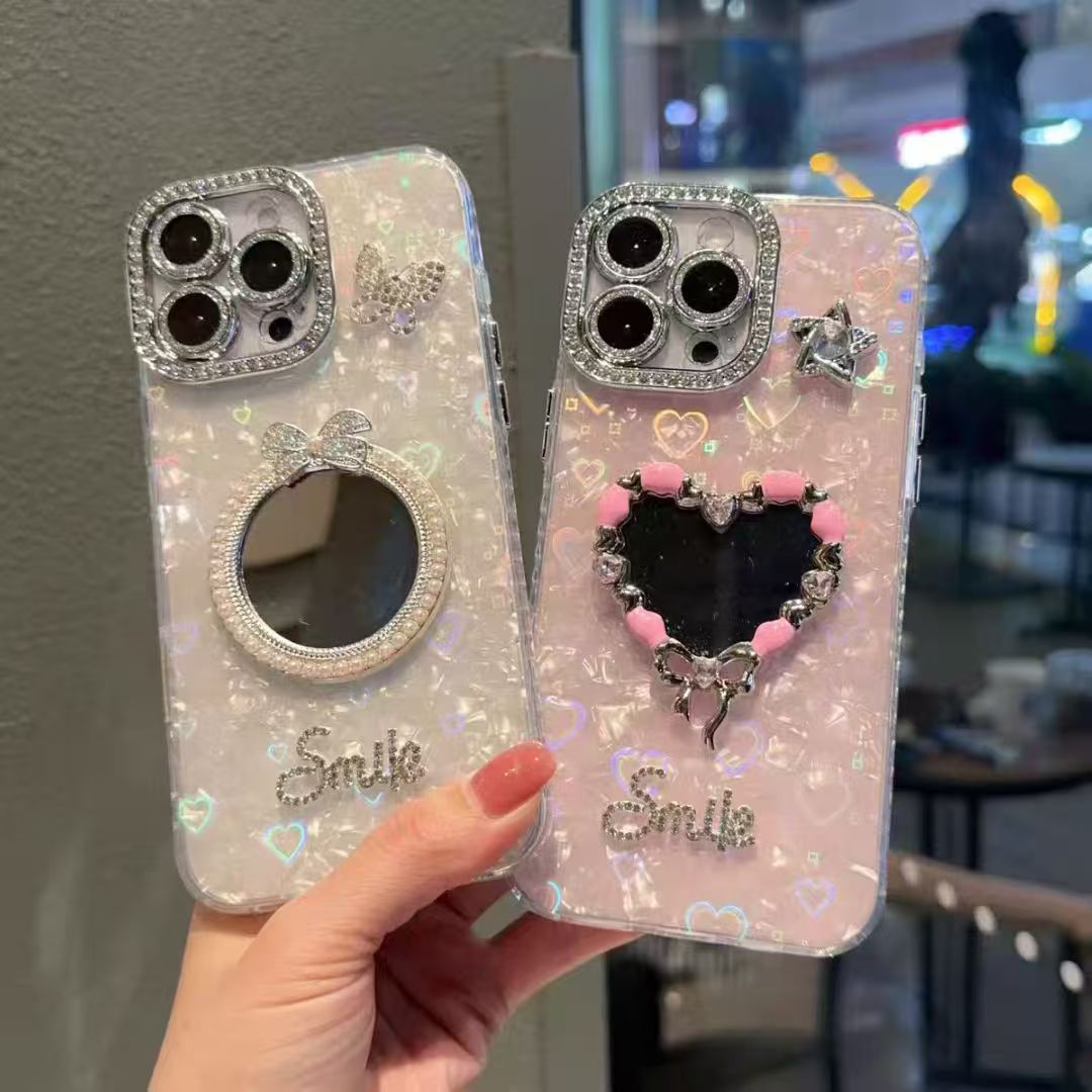 适用于苹果17PROMAX/IPhone16/15/14PLUS/13/12/11轻奢立体闪钻镜框3D渐变爱心镜子贝壳纹手机壳批发