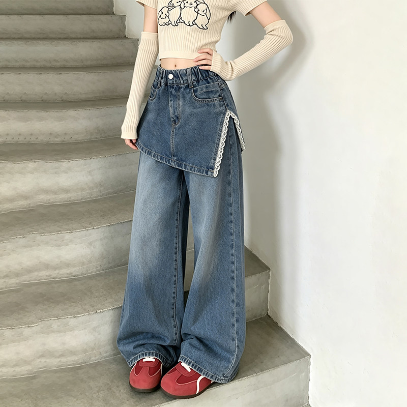 女童假两件牛仔阔腿裤高腰显瘦图片