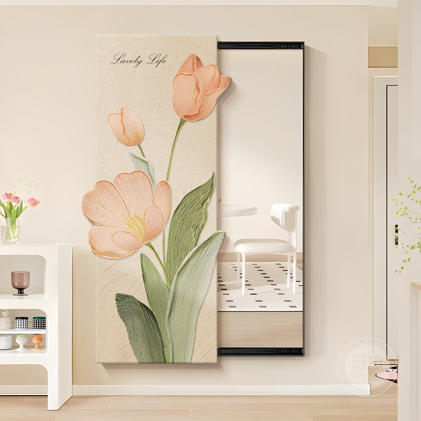 全身镜子装饰画法式奶油风花卉可推拉试衣镜玄关装饰画卧室穿衣镜图片
