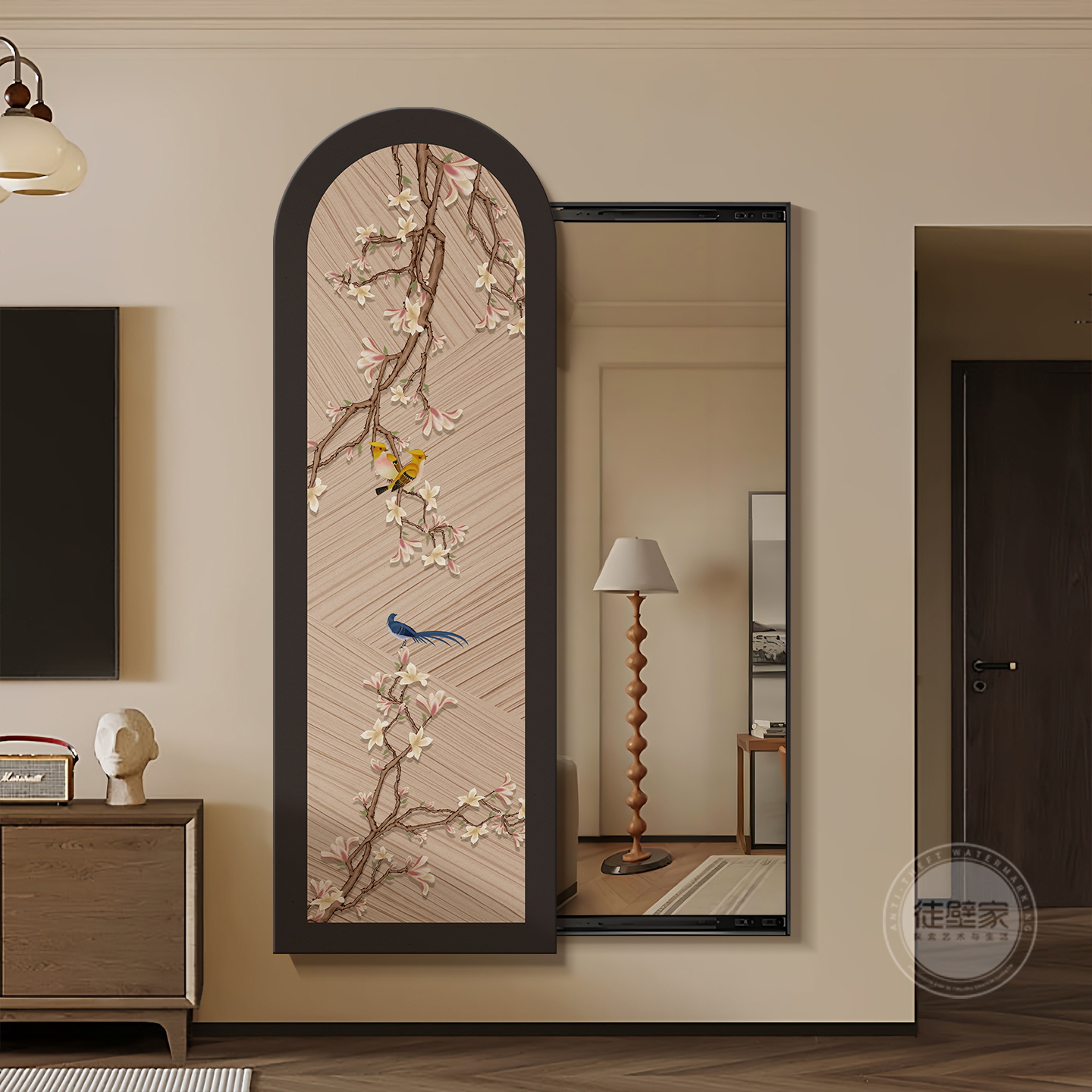 新中式花鸟推拉穿衣镜暗藏式玄关