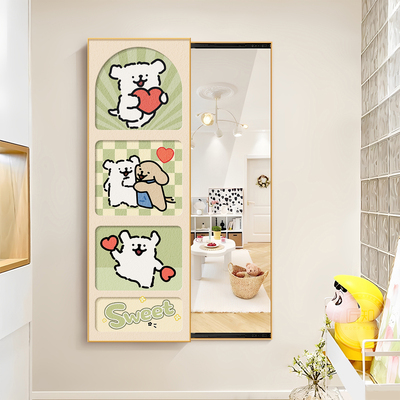 多巴胺线条小狗穿衣镜装饰画全身镜子画可推拉隐藏卧室玄关挂墙画