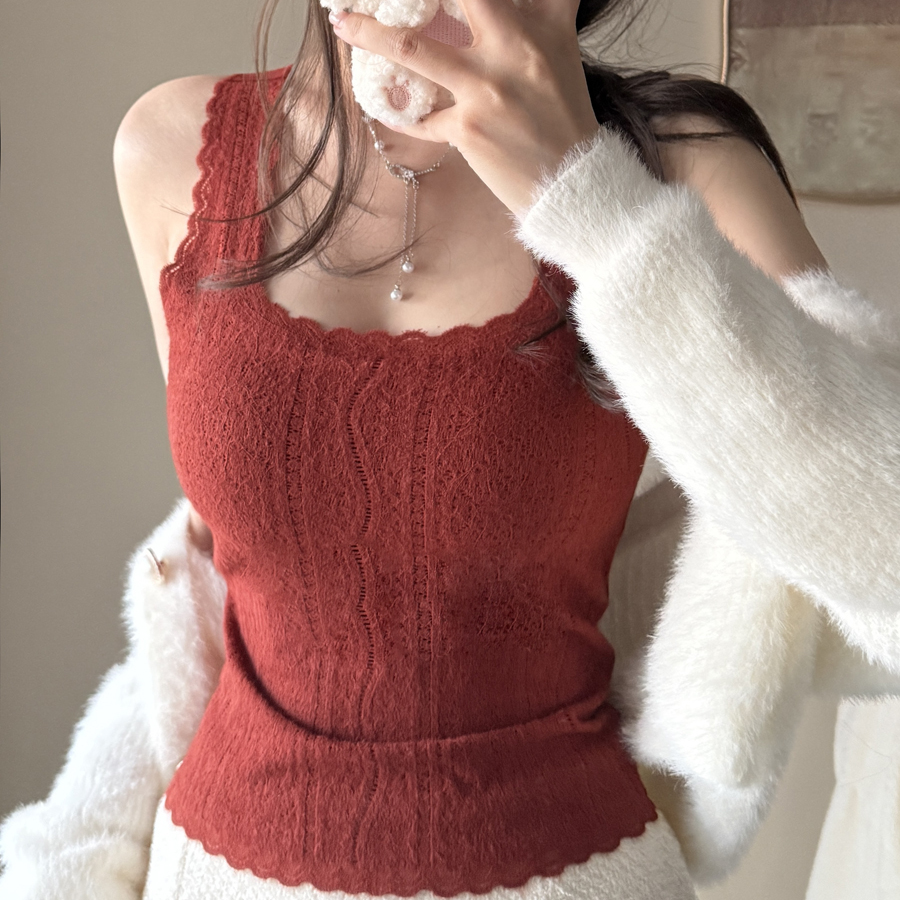 秋冬磨毛背心蕾丝美方领本