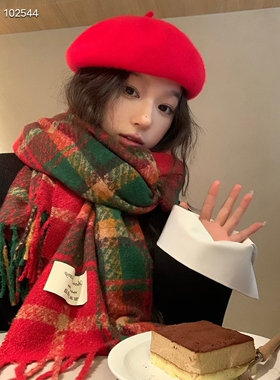网红款百搭围巾情侣保暖围脖红色冬季女格子仿羊绒ins百搭高级感