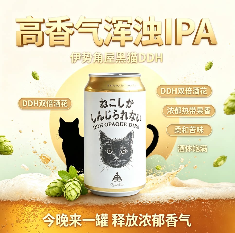 日本伊势角屋啤酒 黑猫DDH双倍浑浊IPA（印度淡色艾尔）啤酒350ml