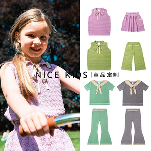 ins爆款25夏季KP系田园风女童无袖背心绑带领针织衫半裙长裤套装