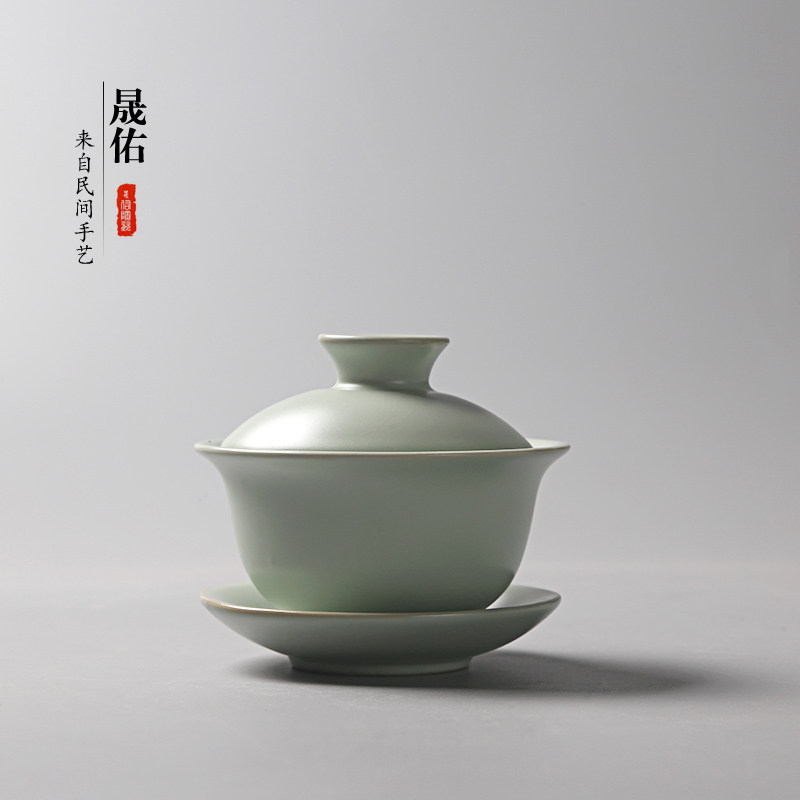 家用悬停汝窑盖碗泡茶杯开片茶杯功夫茶具三才杯大号茶碗陶瓷杯子