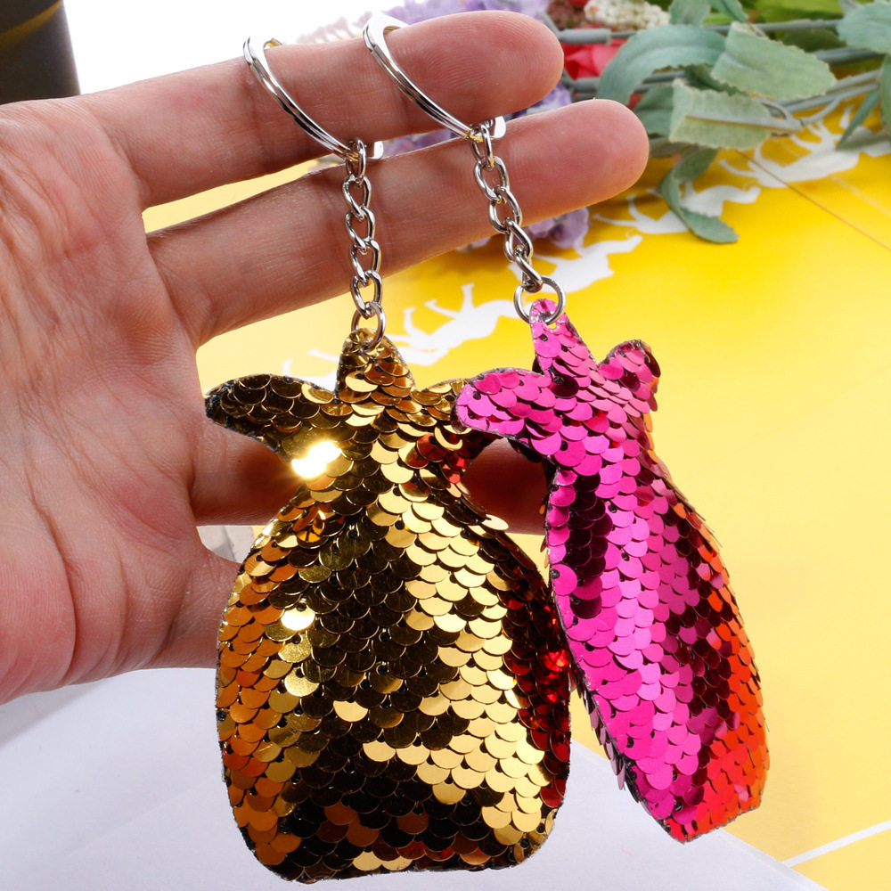 反光亮面菠萝钥匙扣挂件 七彩菠萝亮片挂件车用钥匙链圈包包挂件